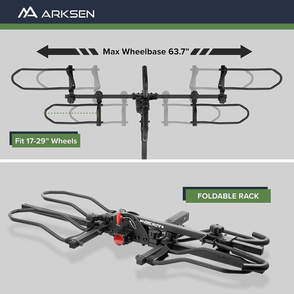 Arksen 2 Hitch Mounted Rack Smart Tilting 2-Bike Platform Style Carrier for Standard, Fat Tire, and Electric Bicycles -150 lbs Heavy Weight Capacity