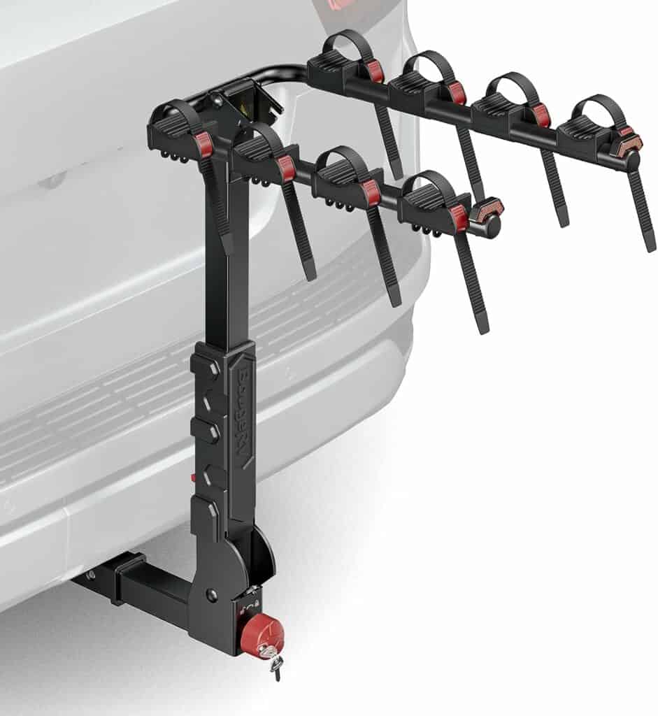 BougeRV Hitch Bike Rack Locking Feature Easy Assembly with 2 Hitch Receiver, Foldable 4-Bike Hitch Carrier Rack for Car, Pull for Trunk Access, fit for SUV and Truck (165LB Capacity)