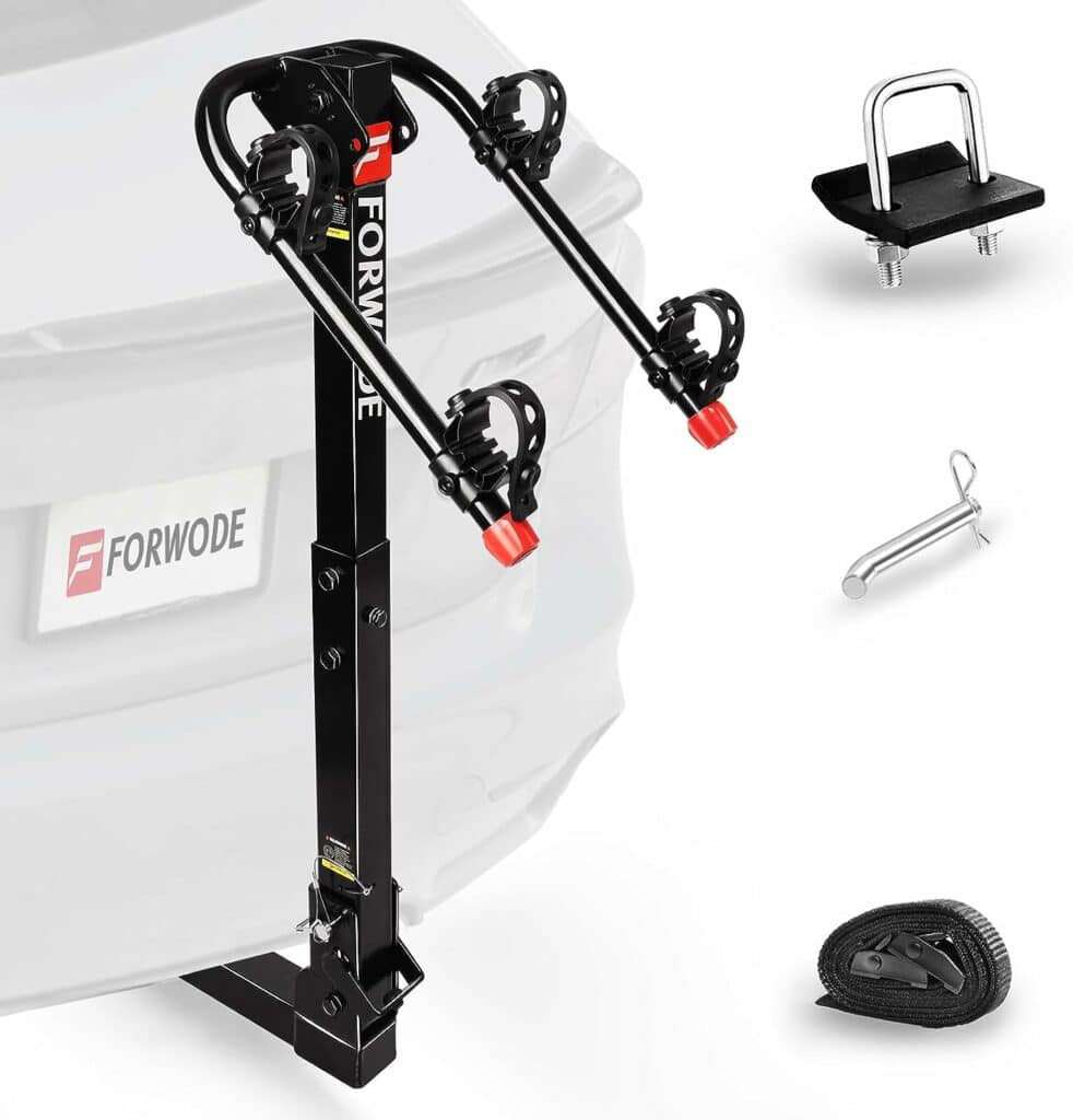 FORWODE 2 Bike Rack Hitch Mount, Heavy Duty Bike Carrier, Bike Rack for Car, Truck, SUV, and Minivans with 2 Receiver, Quick Tie Down Straps and Anti-Rattle Stabilizer