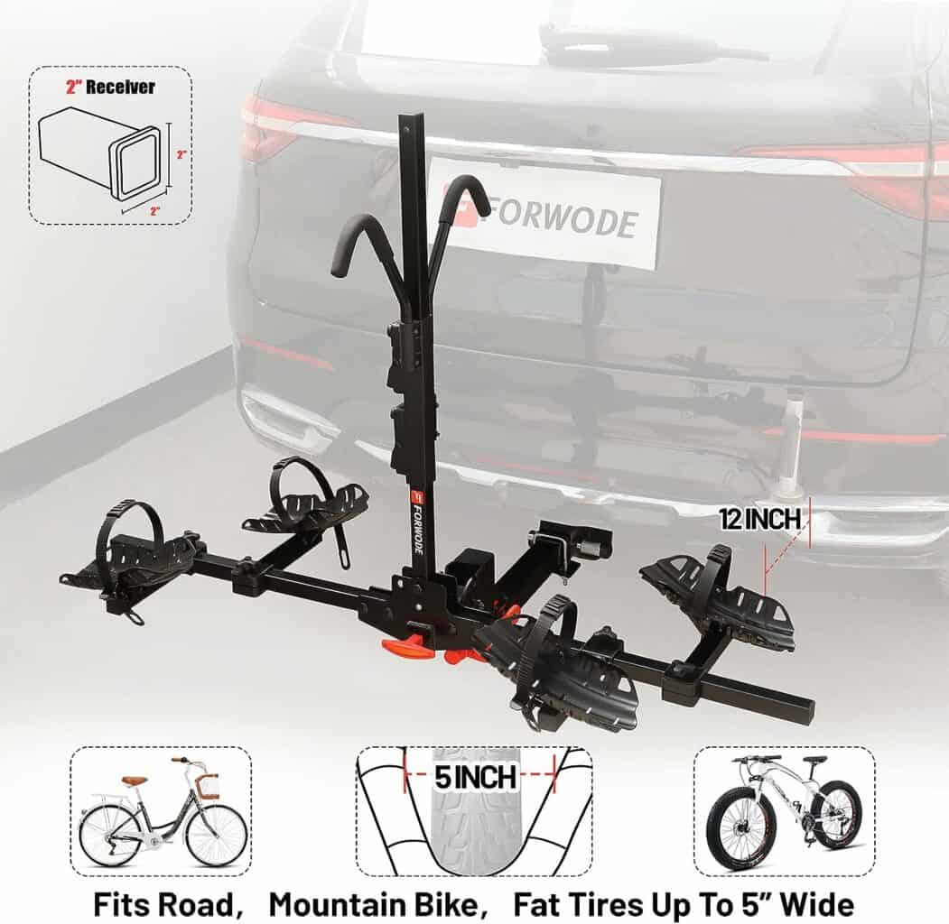 FORWODE Hitch Mount Rack, Portable Tilting Folding Handle and Anti-sway Structure Bike Rack for Fits Fat Tire, Max 120 lbs for 2 Bike, 2 Receiver