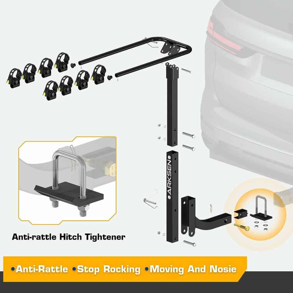 ARKSEN 4 Bike Rack, Heavy Duty Bicycle Carrier, Rear Hitch Mount with 2 Receiver, Tie Down Strap and Anti-Rattle Hitch Tightener, for Car, Truck or SUV Transport