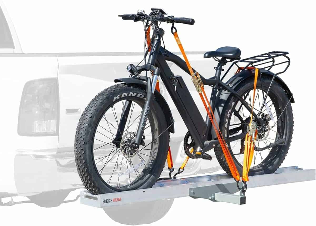 Black Widow Aluminum e-Bike or Fat Tire Bike Carrier with Roll-On Roll-Off Ramp, 400 lb. Capacity, 2 Steel Hitch Tube, 5.5 Track, Includes Anti-Rattle Device