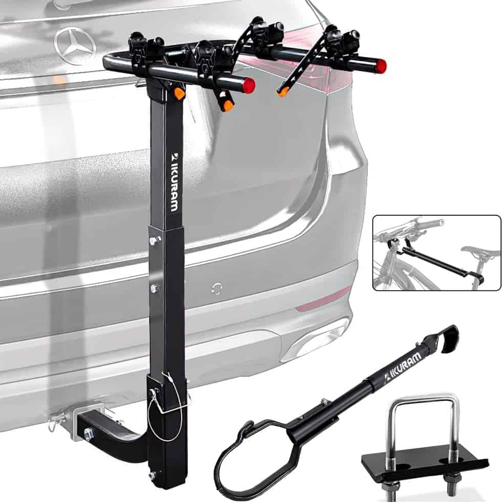 IKURAM R 2 Bike Rack Bicycle Carrier Racks Hitch Mount Double Foldable Rack for Cars, Trucks, SUVs and minivans with a 2 Hitch Receiver Including Top Tube Tension Bicycle Cross-bar Adapter