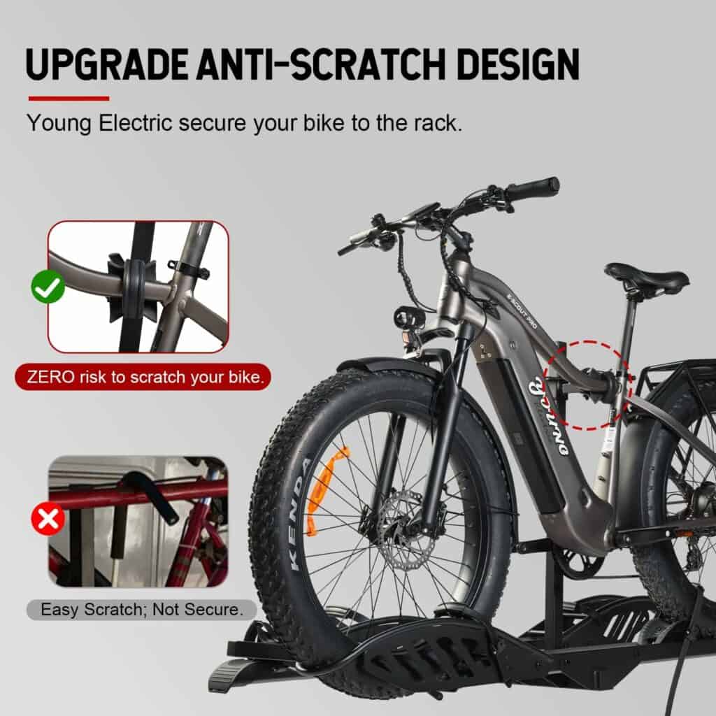Young Electric Foldable Hitch 2-Bike Rack, 200 lbs Capacity Mount Platform Style, Fits Up to 5’’ Fat Tire Bicycle E-Bike Carrier for 2’’ Receiver Cars Trucks SUVs Minivans RV, Trailer (Mate)