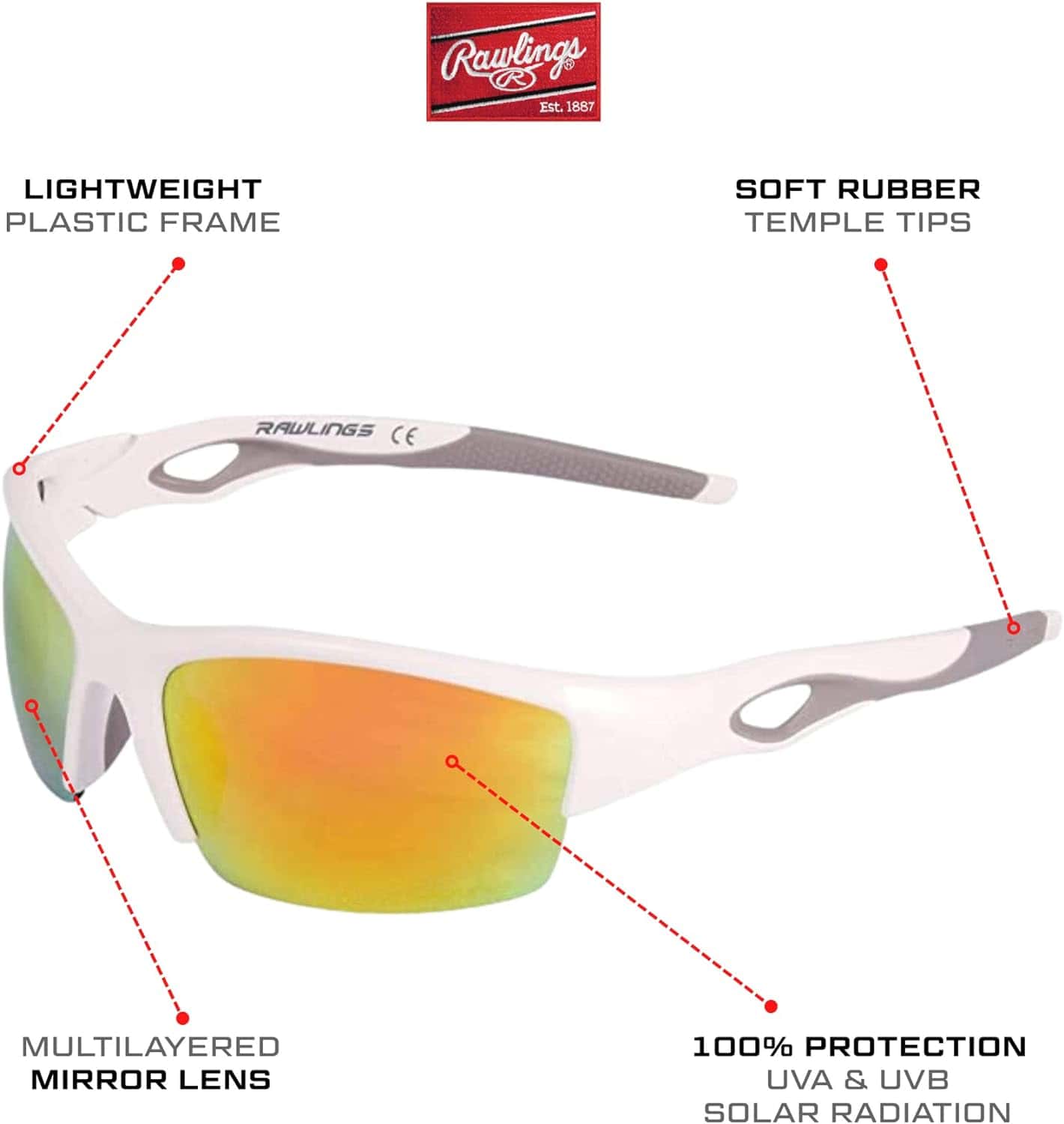 Rawlings Youth Baseball Sunglasses, Light, Sport Stylish Shield Lens, 100% UV Poly