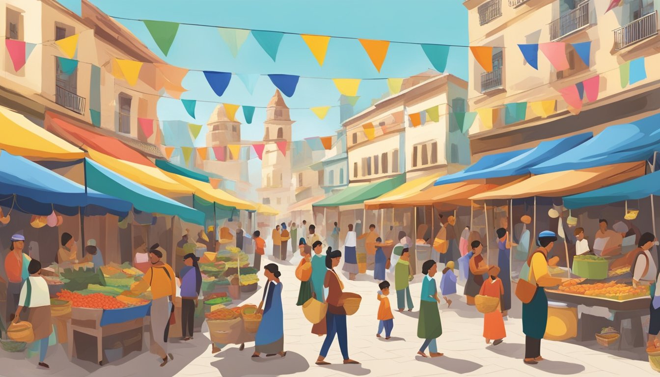 Crowds gather at a lively street market, with colorful stalls selling local crafts and food. Musicians play traditional music, while children play games. Decorative banners flutter in the breeze, adding to the festive atmosphere