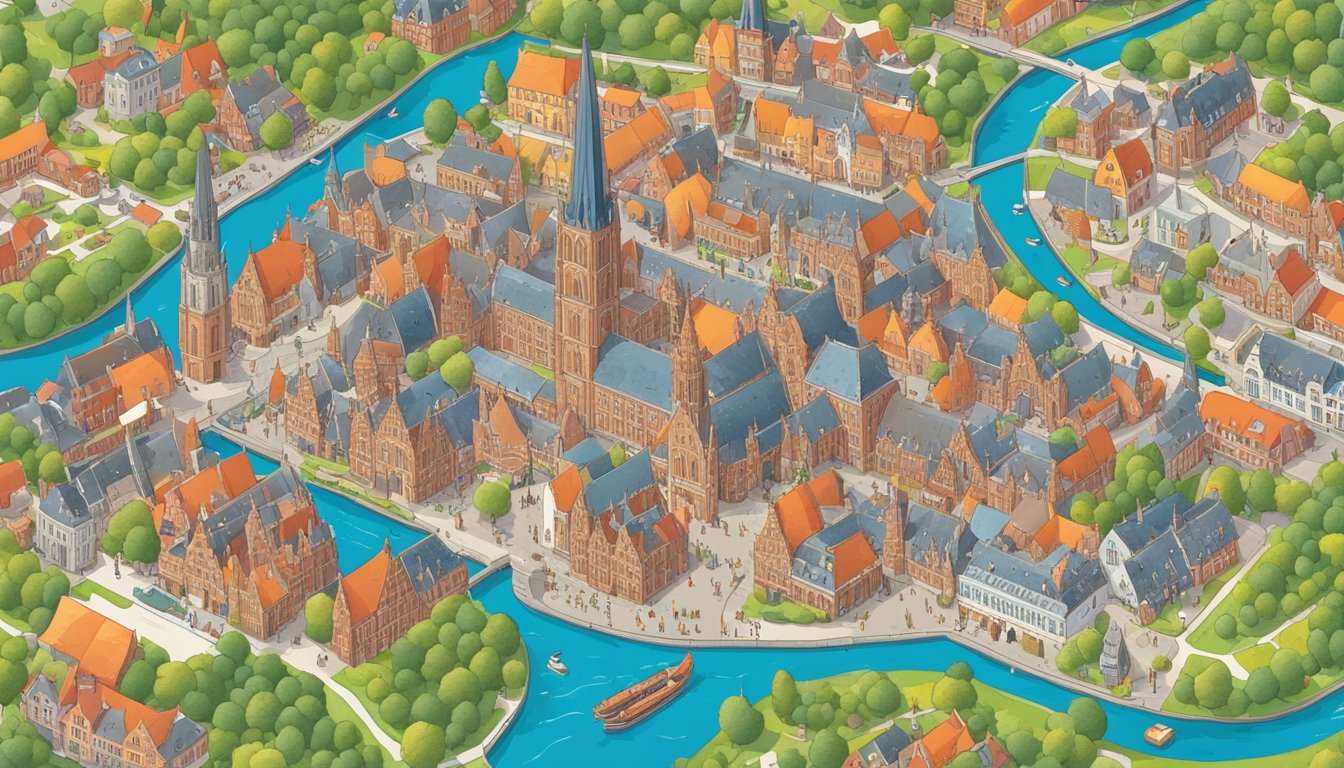 A colorful map of Haarlem with landmarks and activities, surrounded by cheerful tourists and locals enjoying the city's attractions